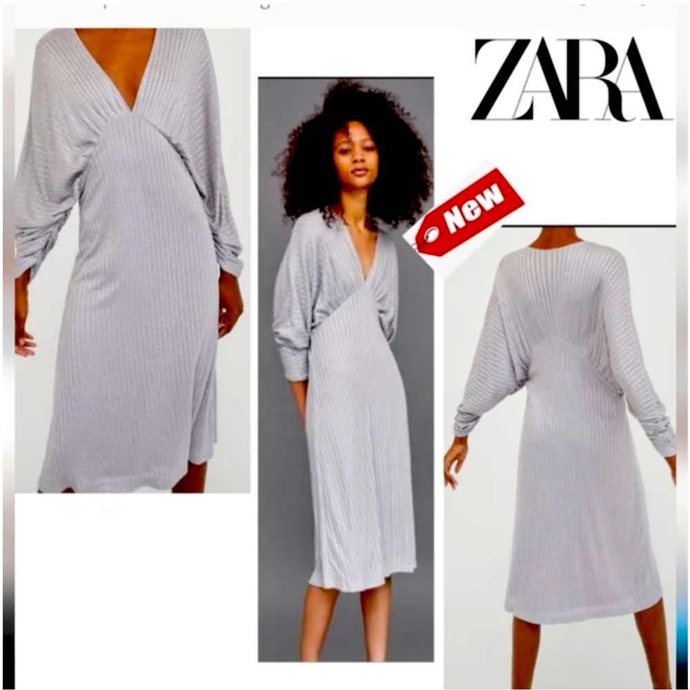 Zara  gray silver metallic glitter knit wing sleeve V neck midi dress Sz M NWT